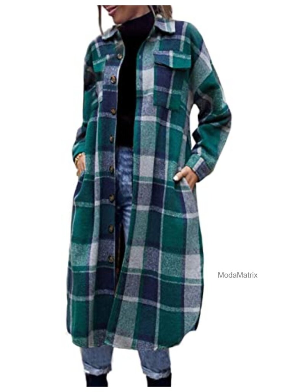 Wool Blend Plaid Shacket Button Down Shirt Jacket Coat with Pockets